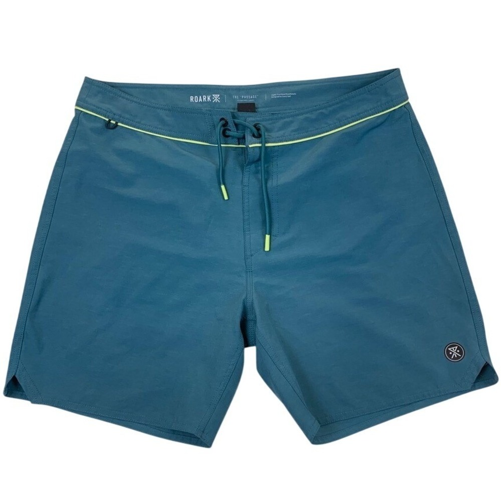 Roark The Passage Board Shorts Men 34 Teal Blue Lime Green Hemp Blend Swim Trunk